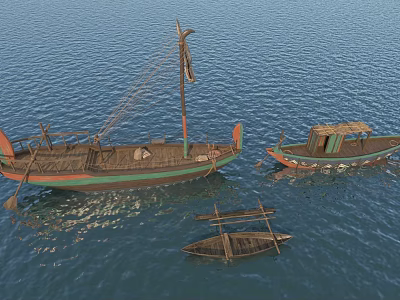 Traditional Wooden Boats with Mast Ropes Small Shelter and Raft on Calm Water 3d model