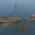 Traditional Wooden Boats with Mast Ropes Small Shelter and Raft on Calm Water