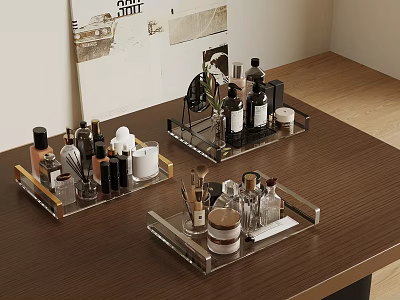 Decorative Ornament Sets With Transparent Acrylic Trays On Wooden Tabletop Including Perfume Bottles Cups Tools 3d model