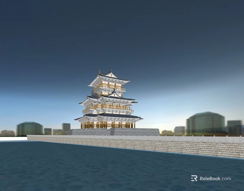Scenic Traditional Multi Tiered Pagoda By Waterfront With Modern Buildings In Background 3d model 