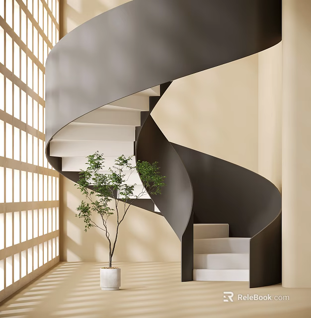 Modern Spiral Staircase Interior Design With Light Beige Walls Potted Tree And Wooden Lattice Windows 3d model 