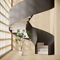 Modern Spiral Staircase Interior Design With Light Beige Walls Potted Tree And Wooden Lattice Windows