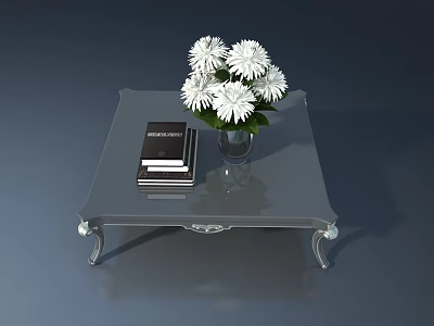 Elegant Gray Coffee Table With Carved Legs Stack Of Books And White Flower Vase 3d model