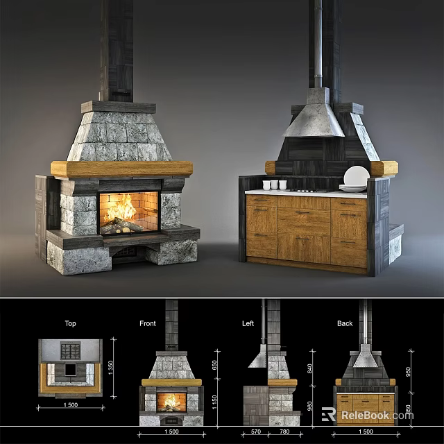 Interior Stone Masonry Fireplace With Burning Fire And Wooden Cabinets Design Views 3d model 