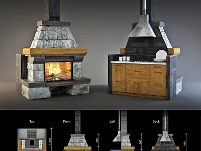 Interior Stone Masonry Fireplace With Burning Fire And Wooden Cabinets Design Views 3d model