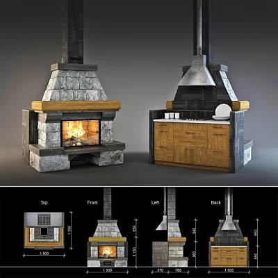 Interior Stone Masonry Fireplace With Burning Fire And Wooden Cabinets Design Views 3d model