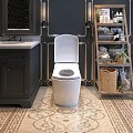 White Toilet in Bathroom with Dark Cabinet Sink Decorative Wall and Patterned Floor