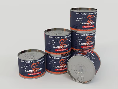 Wild Alaskan Salmon Croquettes Canned Food With Stacked Tins And Labels 3d model