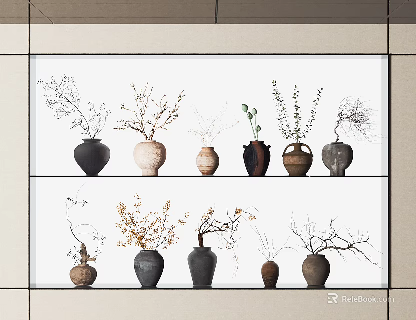 Stylish Ceramic Vases On Two Tiered Display With Decorative Branches And Botanical Accents 3d model 