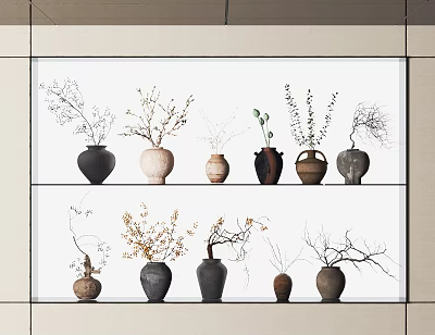 Stylish Ceramic Vases On Two Tiered Display With Decorative Branches And Botanical Accents 3d model