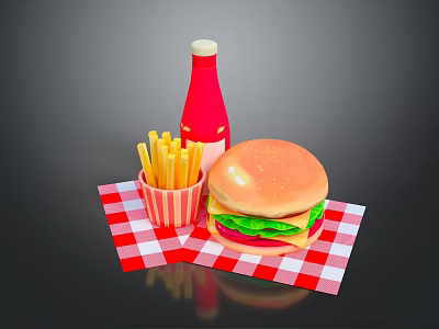 Delicious Hamburger with French Fries and Red Soda on Checkered Napkin 3d model