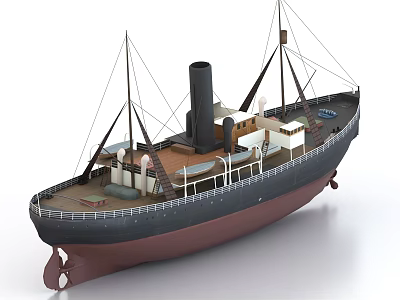 Vintage Steamship 3D Model With Black Brown Hull Deck Masts Chimney And Structural Details 3d model