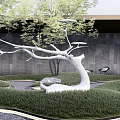 White Branch Shaped Sculpture In Modern Garden With Lawn Trees And Stone Wall