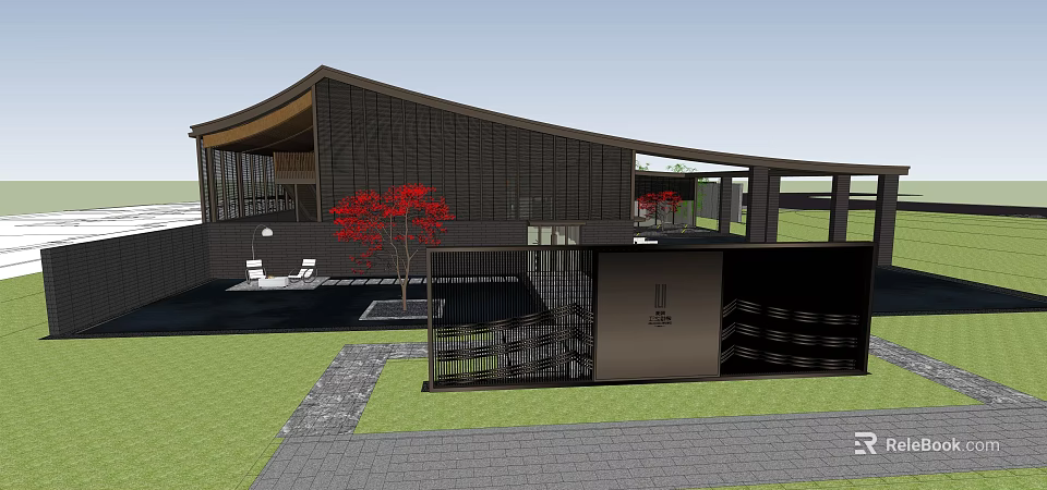 Modern Sales Office Building With Curved Roof Dark Material Green Lawn And Red Trees 3d model 