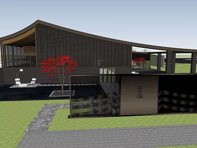 Modern Sales Office Building With Curved Roof Dark Material Green Lawn And Red Trees 3d model