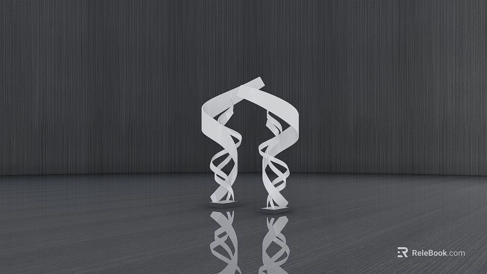 White Sculpture With DNA Double Helix Shape Standing On Dark Floor And Dark Wall Background 3d model 