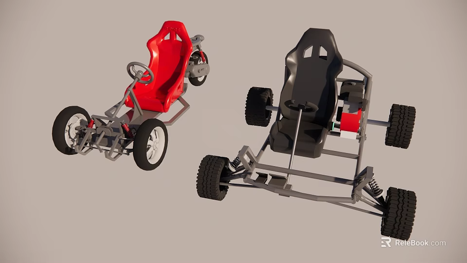 Two Go Karts With Red And Black Seats Open Frame Structure And Wheels 3d model 