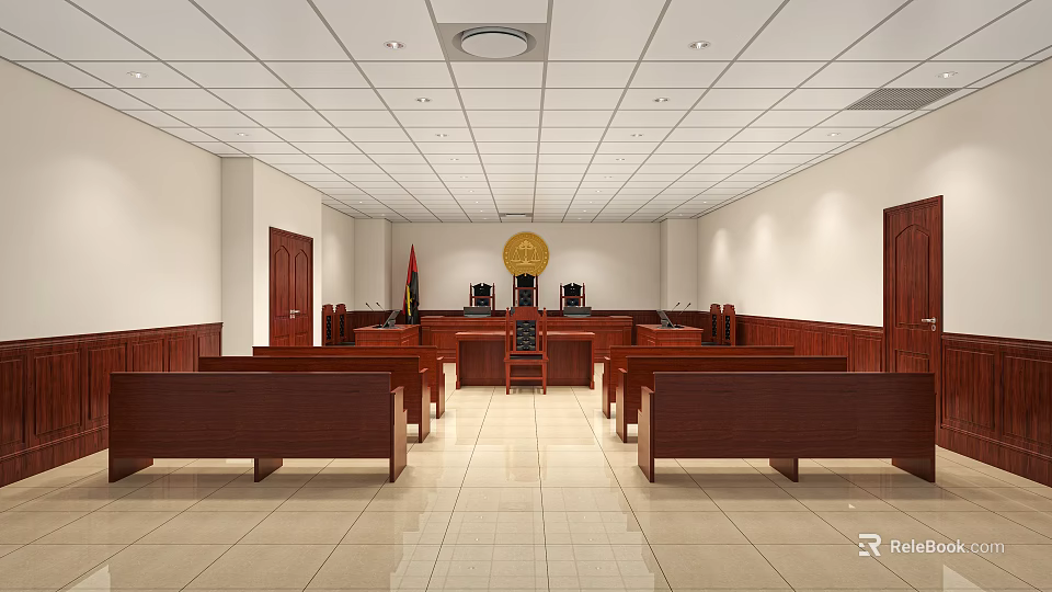 Courtroom Interior Design With Judge's Bench Jury Seats National Flag And Wooden Furniture 3d model 