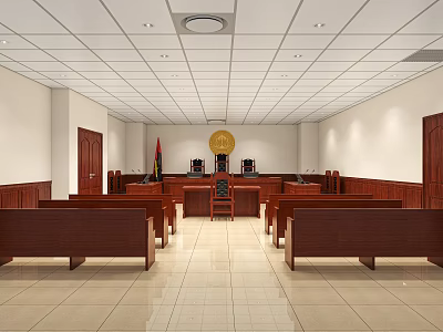 Courtroom Interior Design With Judge's Bench Jury Seats National Flag And Wooden Furniture 3d model