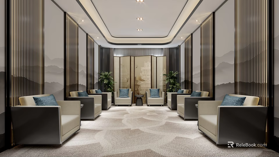 Modern Hotel Public Lounge Interior Design With Sofas Decorative Screens Plants And Patterned Carpet 3d model