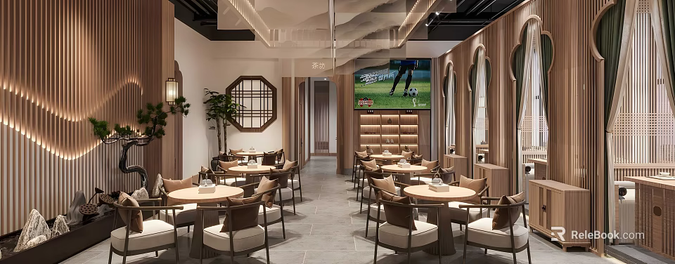 Modern Teahouse Interior Design With Wooden Decor Round Windows Tables And Chairs TV Screen 3d model 