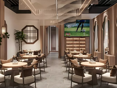 Modern Teahouse Interior Design With Wooden Decor Round Windows Tables And Chairs TV Screen 3d model