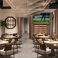 Modern Teahouse Interior Design With Wooden Decor Round Windows Tables And Chairs TV Screen