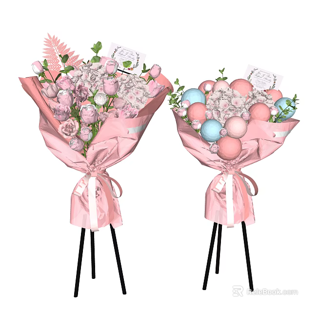 Two Beautiful Flower Bouquets With Pink Wrapping Decorative Ribbon Roses Baby's Breath And Blue Pink Balloons 3d model 