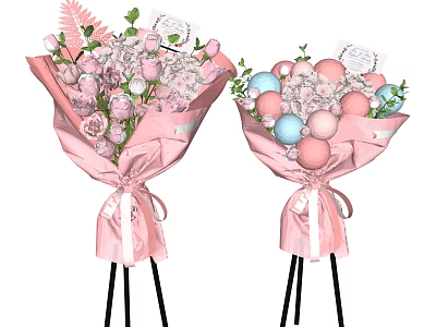 Two Beautiful Flower Bouquets With Pink Wrapping Decorative Ribbon Roses Baby's Breath And Blue Pink Balloons 3d model