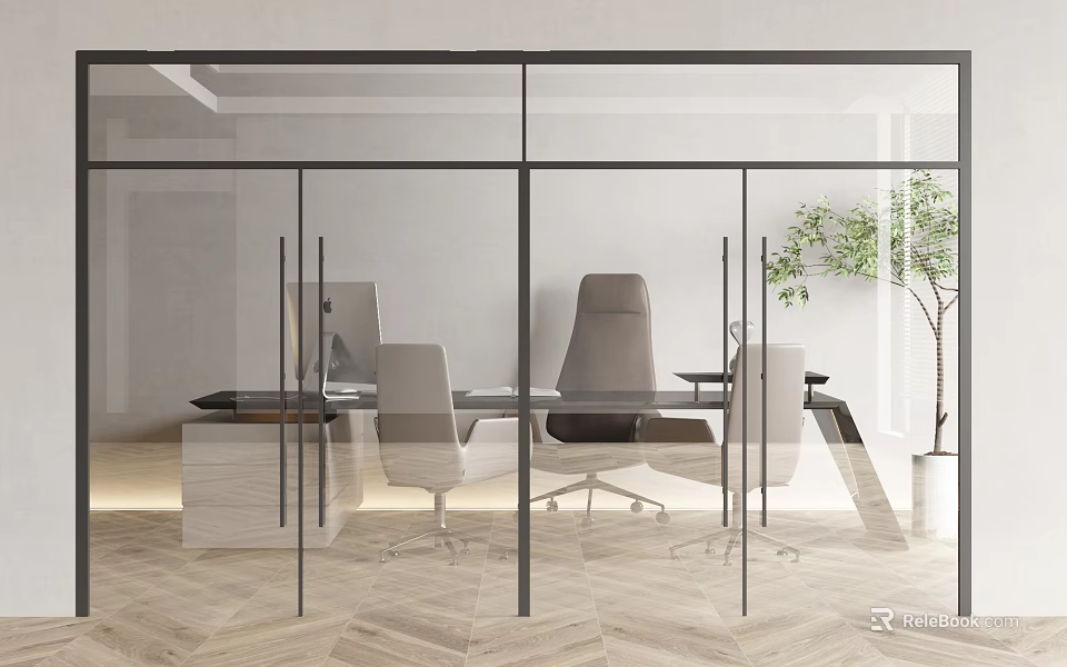 Modern Office Interior Design With Glass Partition Desk Chairs And Plant 3d model 