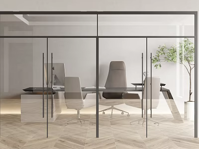 Modern Office Interior Design With Glass Partition Desk Chairs And Plant 3d model