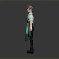 Man With Brown Hair And Mustache Wearing Green Apron Suspenders And Mechanical Arm