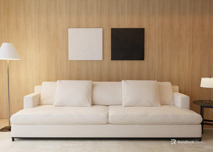 Beige Two Seater Sofa With White And Black Paintings On Wooden Wall And Floor Lamp 3d model 