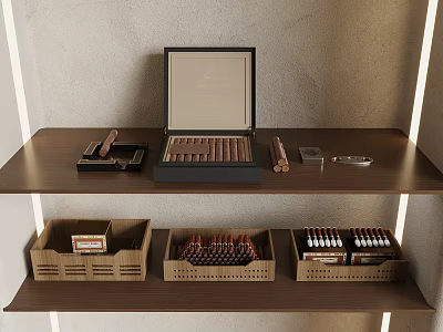 Two Tiered Wooden Shelf With Open Cigar Box Cigars And Storage Boxes 3d model