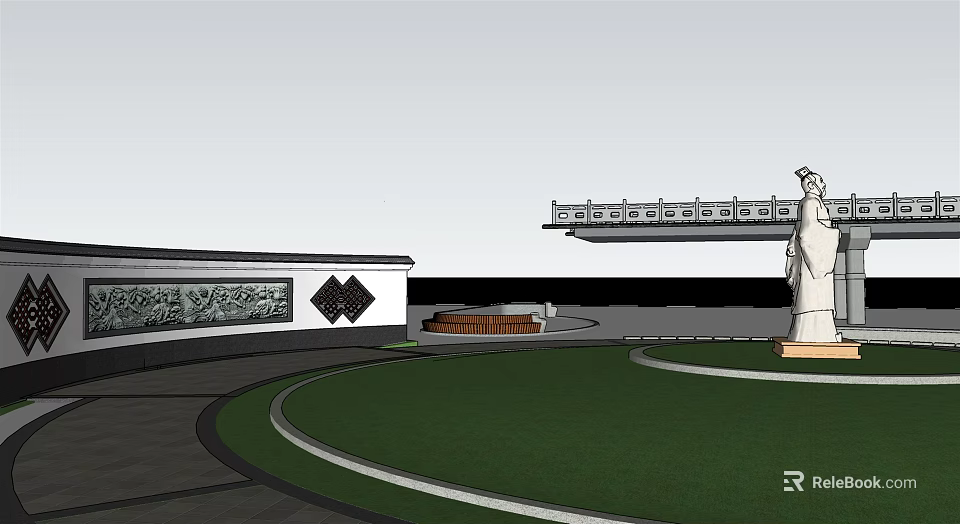 White Landscape Wall With Black Decorative Patterns And Statue Near Lawn Pathway 3d model