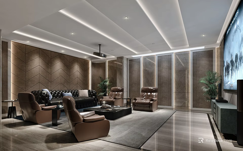 Modern Home Theater Interior Design With Comfortable Seating Projector Ambient Lighting And Green Plants 3d model 