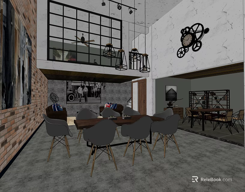 Industrial Style Public Office Space With Brick Walls Metal Frames And Hanging Lights 3d model 