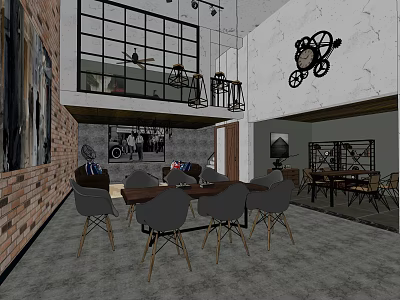 Industrial Style Public Office Space With Brick Walls Metal Frames And Hanging Lights 3d model