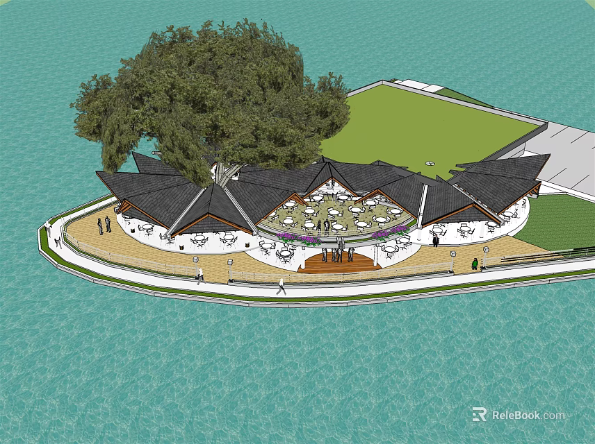 Waterfront Circular Pavilion Design With Black Roof Green Lawn And Trees 3d model 