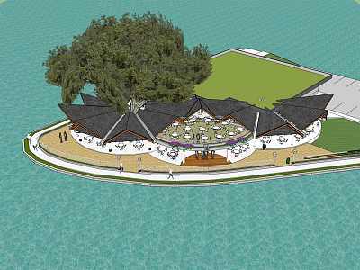 Waterfront Circular Pavilion Design With Black Roof Green Lawn And Trees 3d model