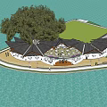 Waterfront Circular Pavilion Design With Black Roof Green Lawn And Trees