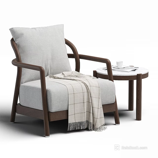 Single Sofa with Light Gray Cushion Plaid Blanket and Wooden Armrests Beside Small Round Table 3d model 