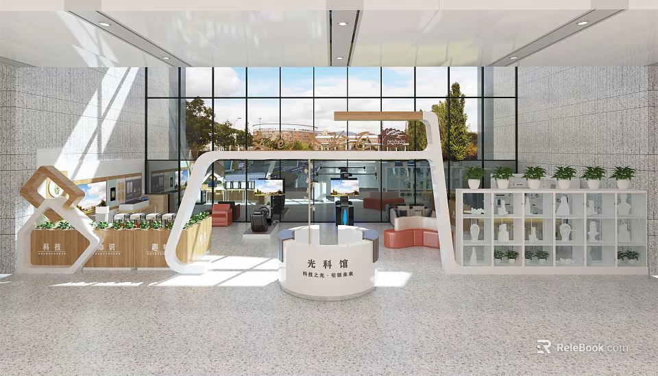 Modern Exhibition Hall Interior With Large Windows Reception Desk And Green Plants 3d model 