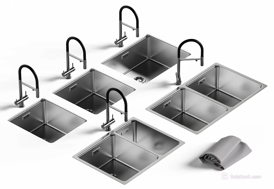 Stainless Steel Kitchen Sinks With Faucets Multiple Designs And Drainer Accessory 3d model