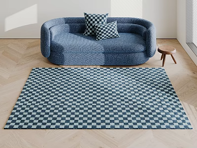 Blue White Checkered Square Rug In Living Room With Blue Curved Sofa On Wooden Floor 3d model