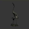 Bronze Crane Sculpture With Adult And Baby Birds On Decorative Base