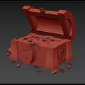 Open Wooden Treasure Chest With Metal Locks Filled With Gold Coins And Red Gems