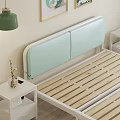 Light Blue Double Bed With Pillows White Nightstands Table Lamps And Wall Art