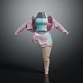 Pink And White Jacket With Blue Pink Striped Top Skirt Beige Socks Casual Fashion Outfit