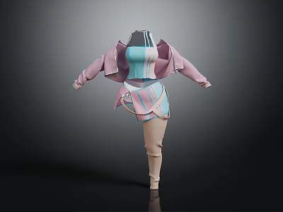 Pink And White Jacket With Blue Pink Striped Top Skirt Beige Socks Casual Fashion Outfit 3d model